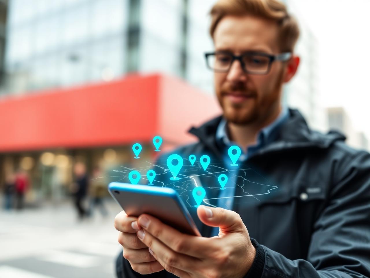 Vendedor em campo usando app ConnectStation com mapa e geolocalização